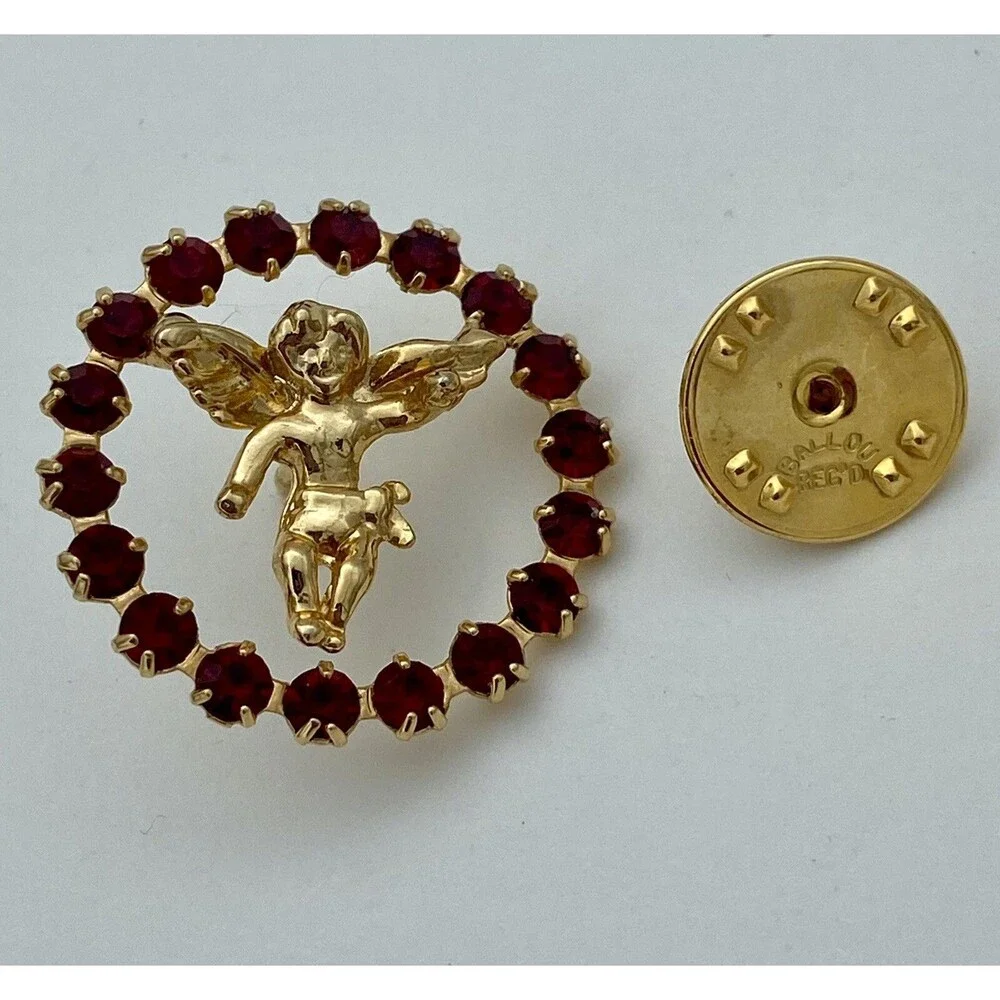 VTG Ballou Reg’d Guardian Angel/Cherub Gold Tone & Red Rhinestone Lapel Tack Pin